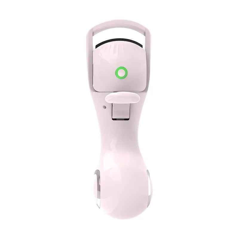 Electric eyelash curler in pink or white with silicone pad, USB cable, and three-speed temperature control.