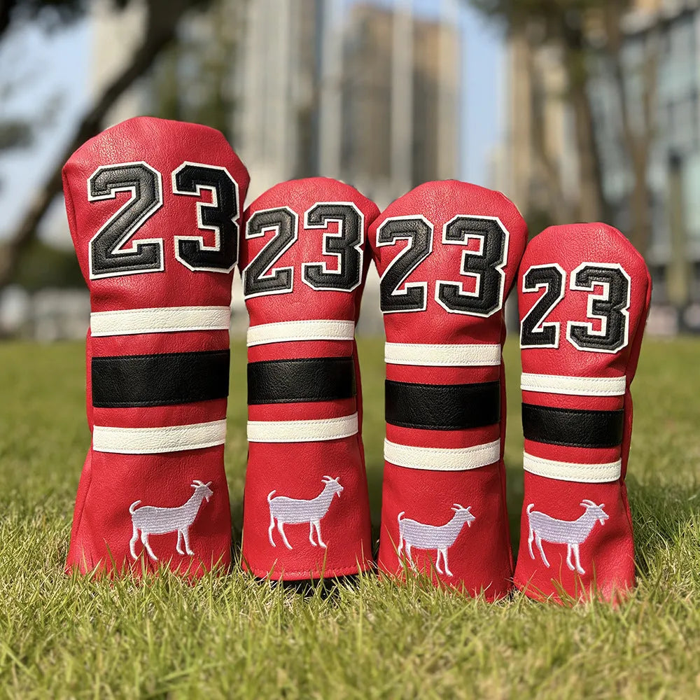 Set of four PU golf club head sleeves in a chosen colour for UT, No 1, 3/5, and Square putter woods.