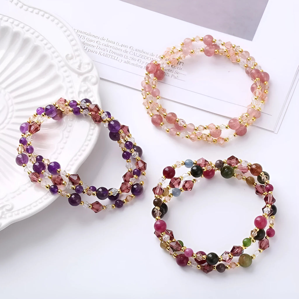 Crystal bracelet with colourful tourmaline beads on adjustable rope for women