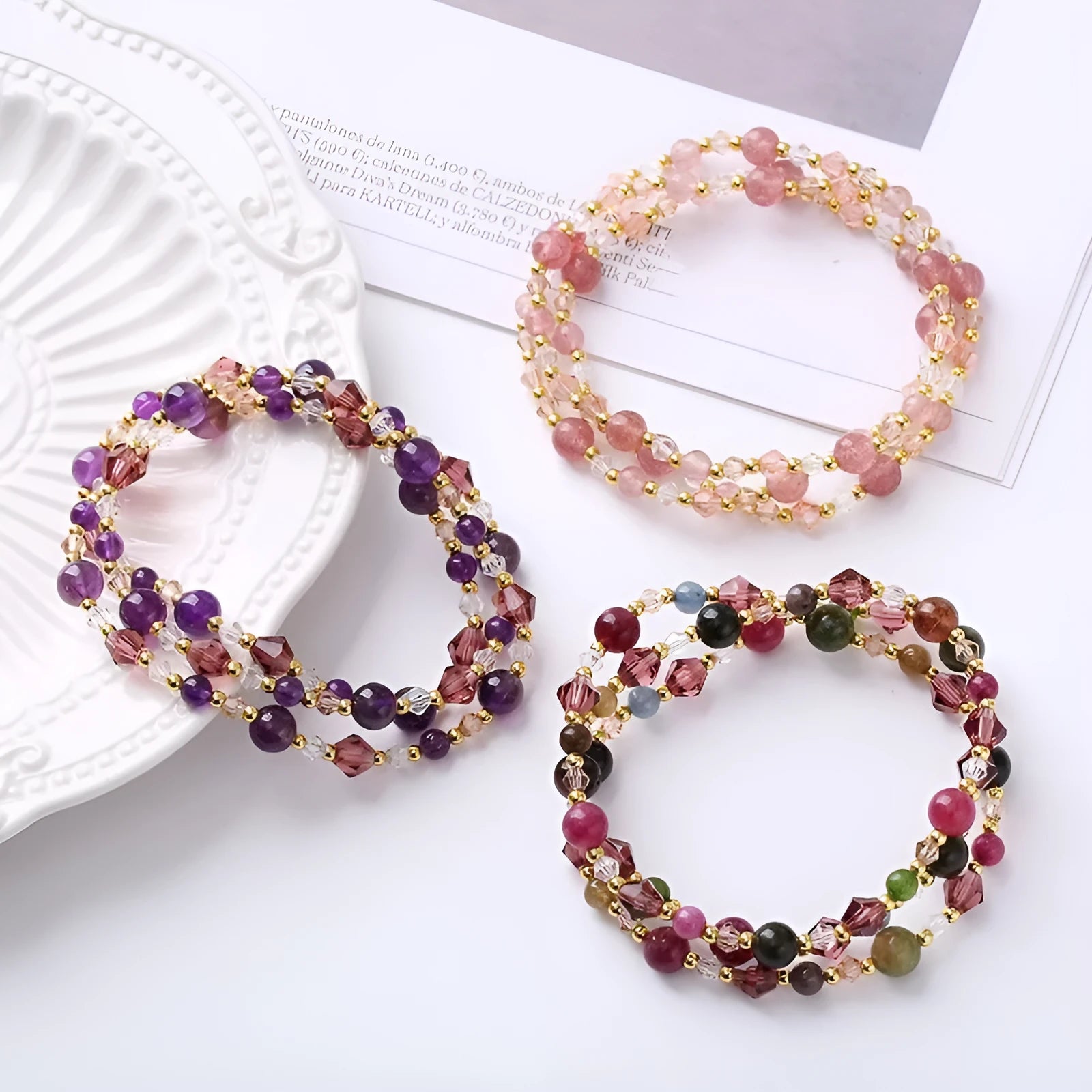 Crystal bracelet with colourful tourmaline beads on adjustable rope for women
