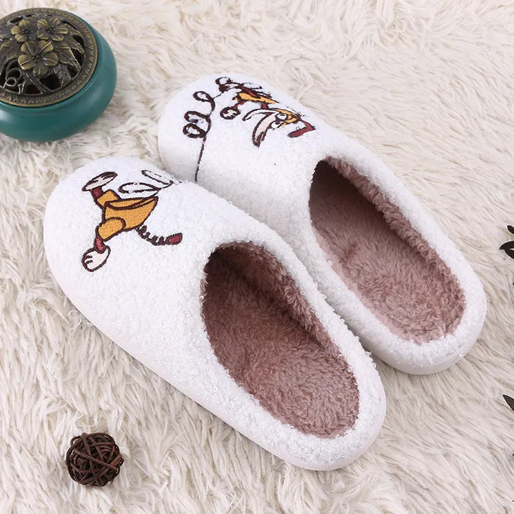 White fluffy adult slippers with cartoon pattern, rubber sole and plush upper