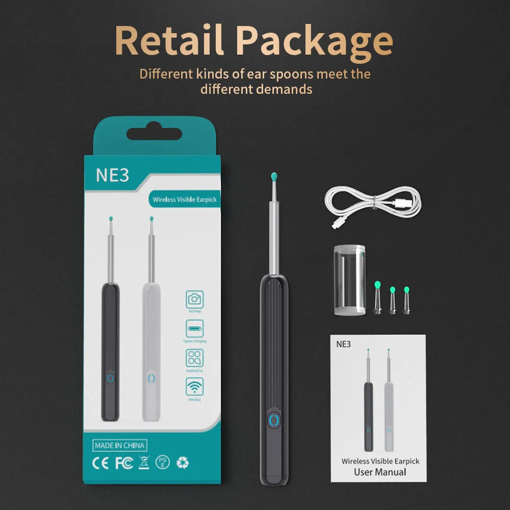 NE3 wireless otoscope ear cleaner with camera, LED light, and spoon heads on a white background.