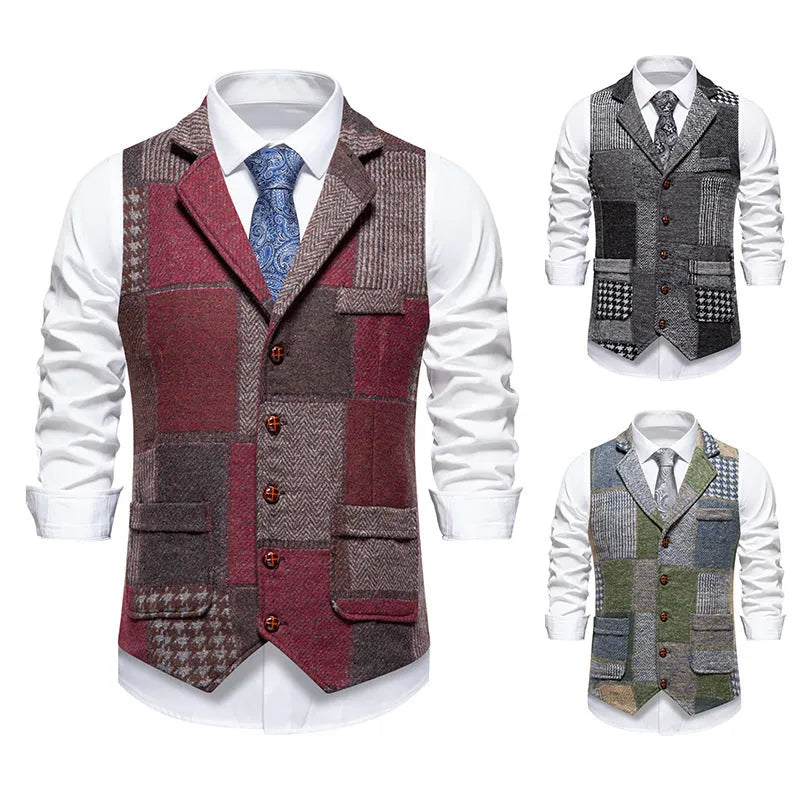 Men's retro patchwork lapel suit vest in gray plaid pattern with patch pockets, chemical fibre blend fabric