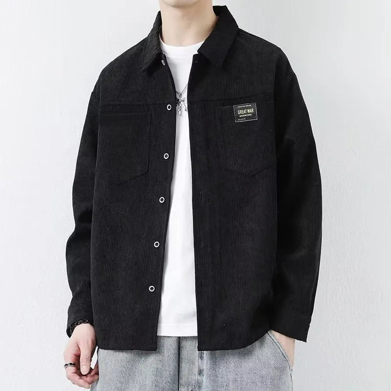 A man's long-sleeved corduroy cardigan jacket available in black, grey, khaki, and orange.