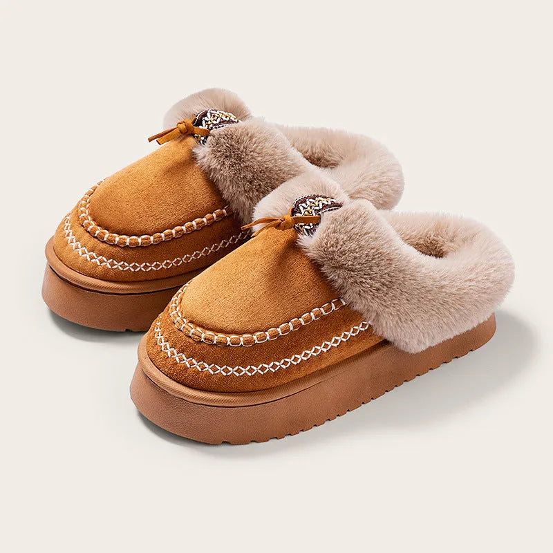 Ladies' fleece-lined plush short boots in black, khaki or brown with round toe and fabric upper