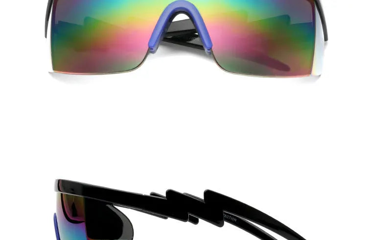 Sports sunglasses with curved foot piece design and colourful lens options