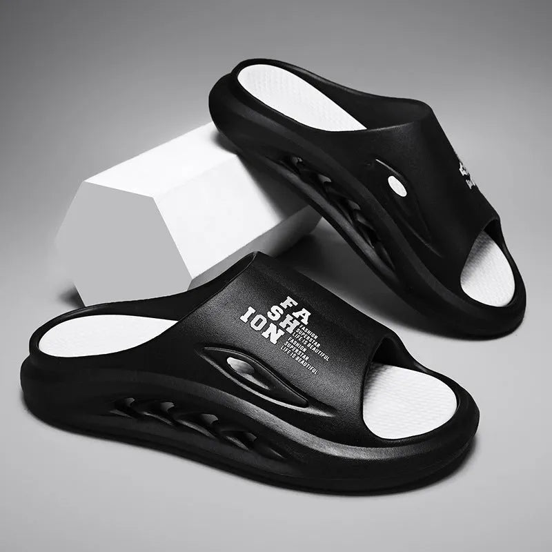 Men's white and green colour block EVA foam slippers with a thick textured sole.