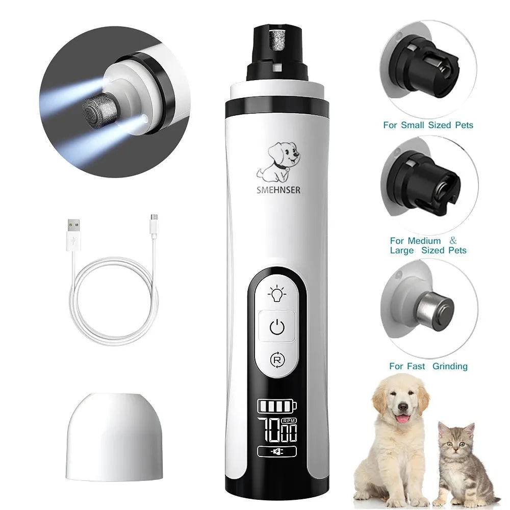 Electric dog nail grinder with LED display showing speed settings and dust collection compartment.
