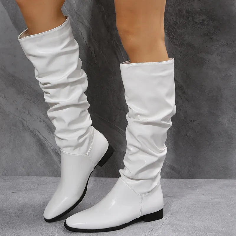 White cowboy boots for women with pointed toe, low chunky heel, side zipper, and high tube, sizes 35-43
