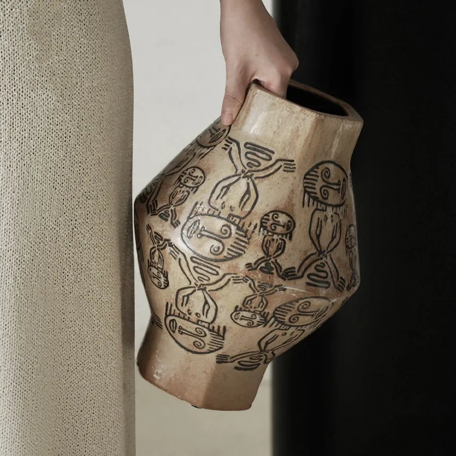Hand-painted ceramic cylindrical vase with vintage carved art and tribal totem flower design