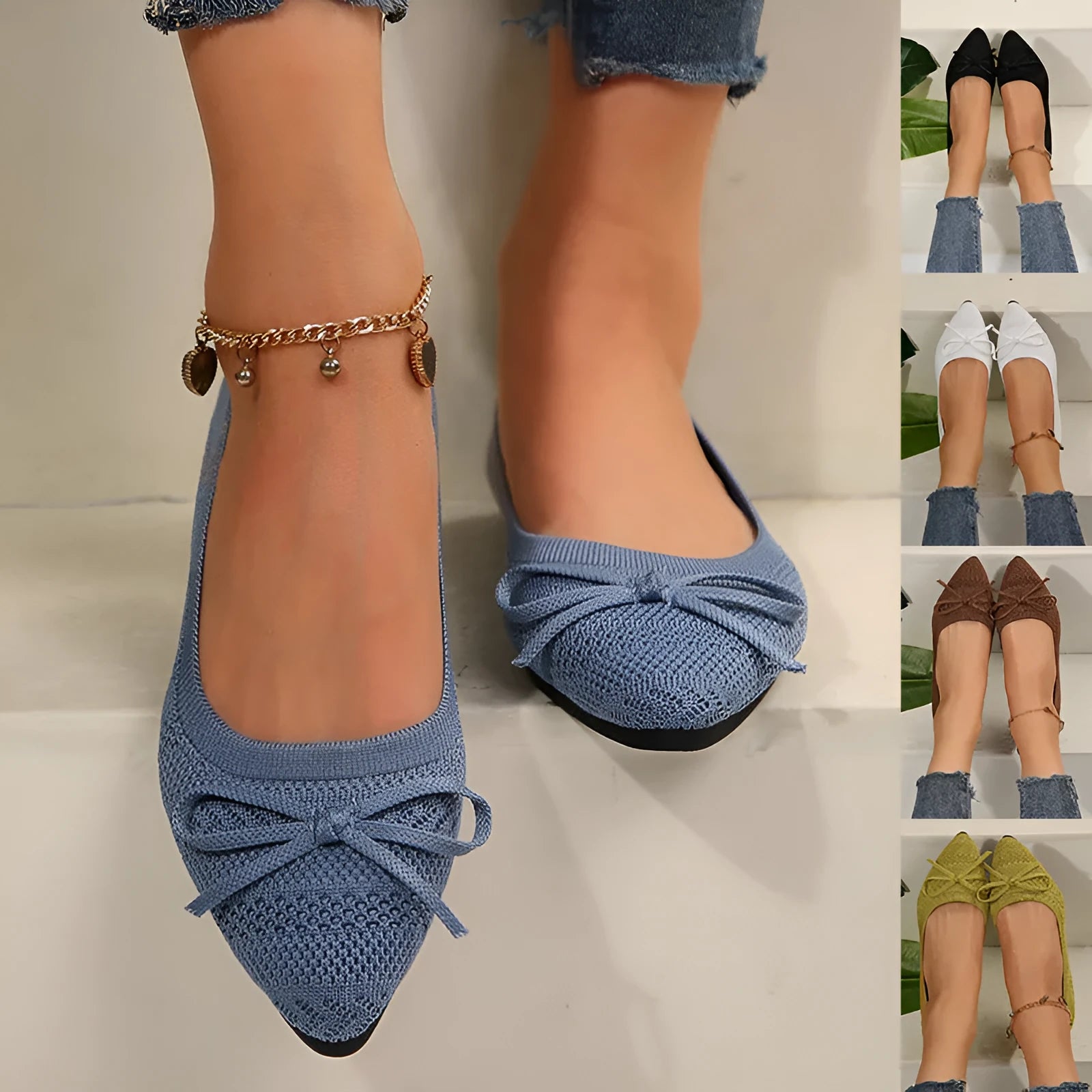 Women's blue knitted loafers with a bow detail and pointed toe on a flat rubber sole.