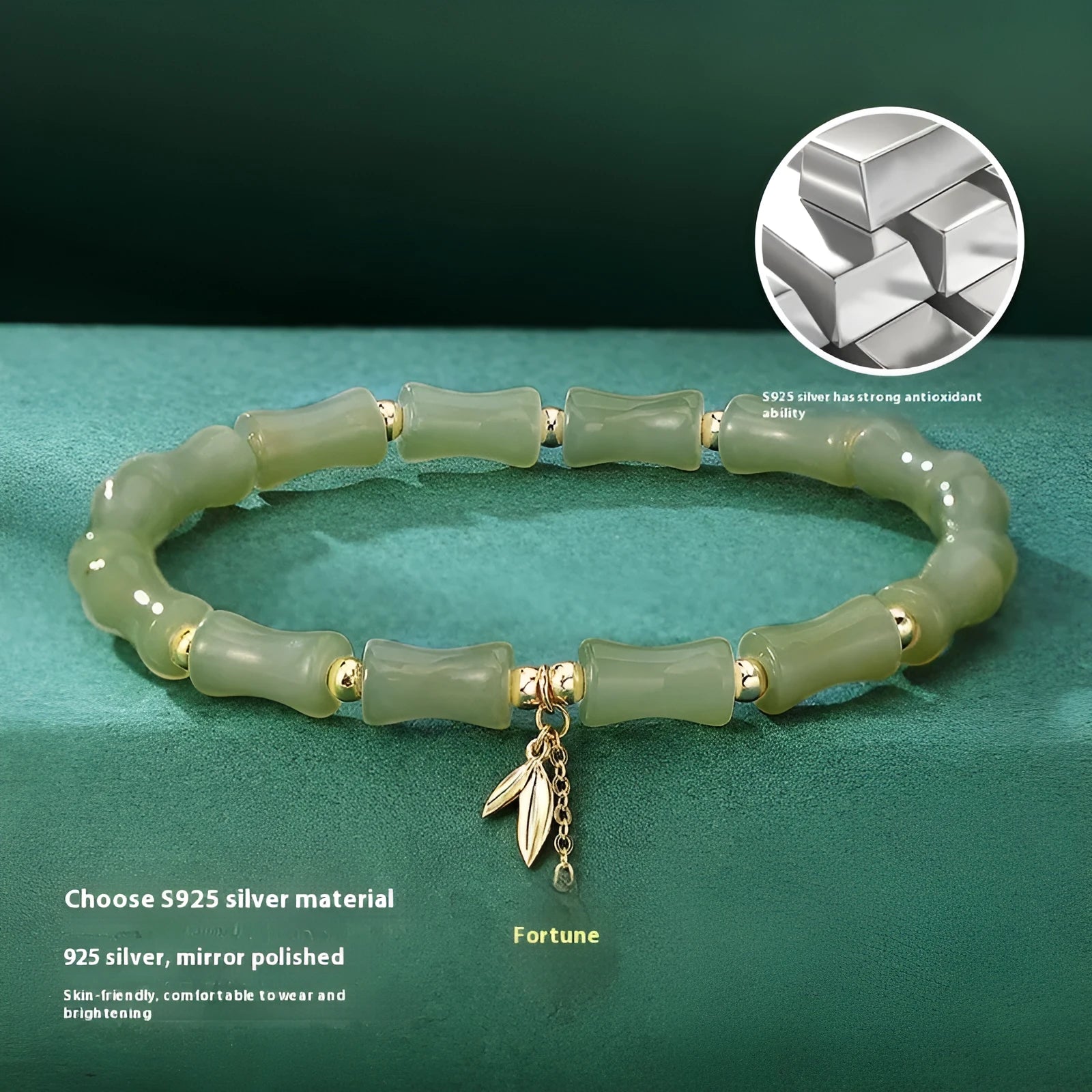 Chinese bamboo design jade bracelet and necklace set with green jade accents on alloy framework