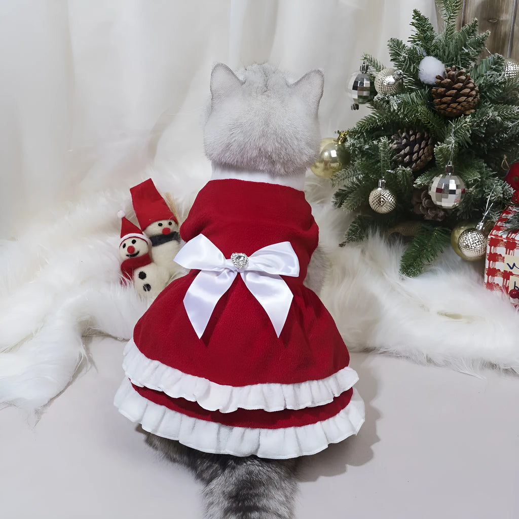 Red fleece pet Christmas dress with bow, pet size XS to XXL, European and American style
