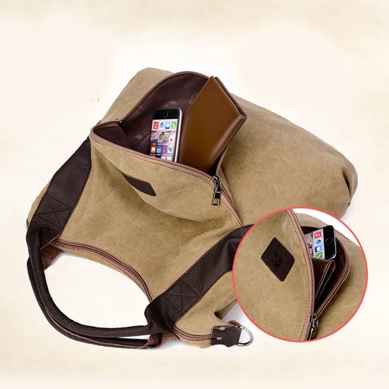 Retro minimalist canvas handbag for women with zipper closure and double straps