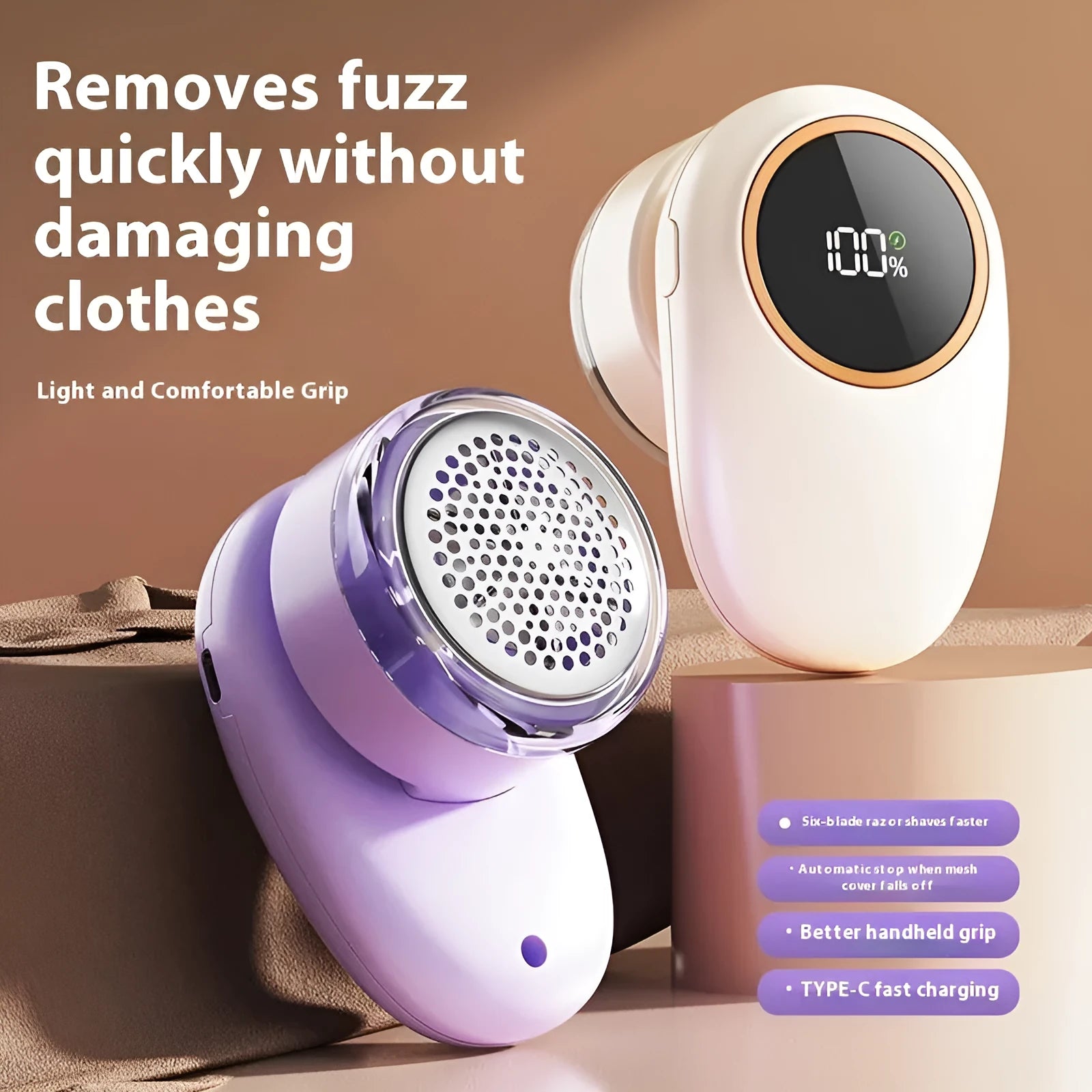 Beige and purple digital fur ball trimmer units with different numbers of cutter heads on display.