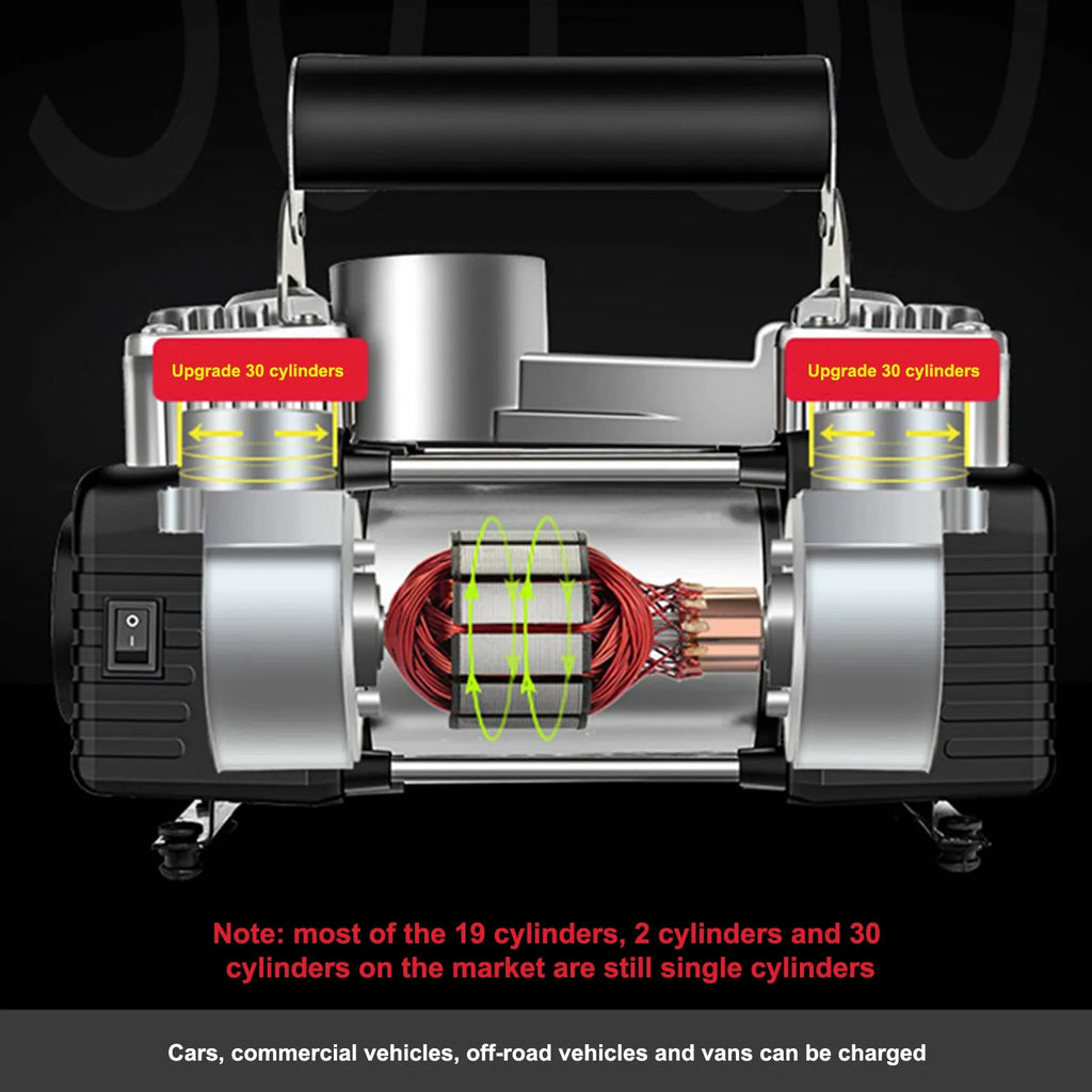12V double cylinder metal car air compressor with battery clips, 250x100x90mm, for tyre inflation