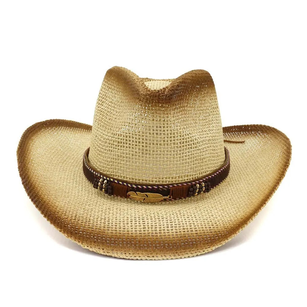 Western straw cowboy hat with spray paint decorative finish in bell crown shape