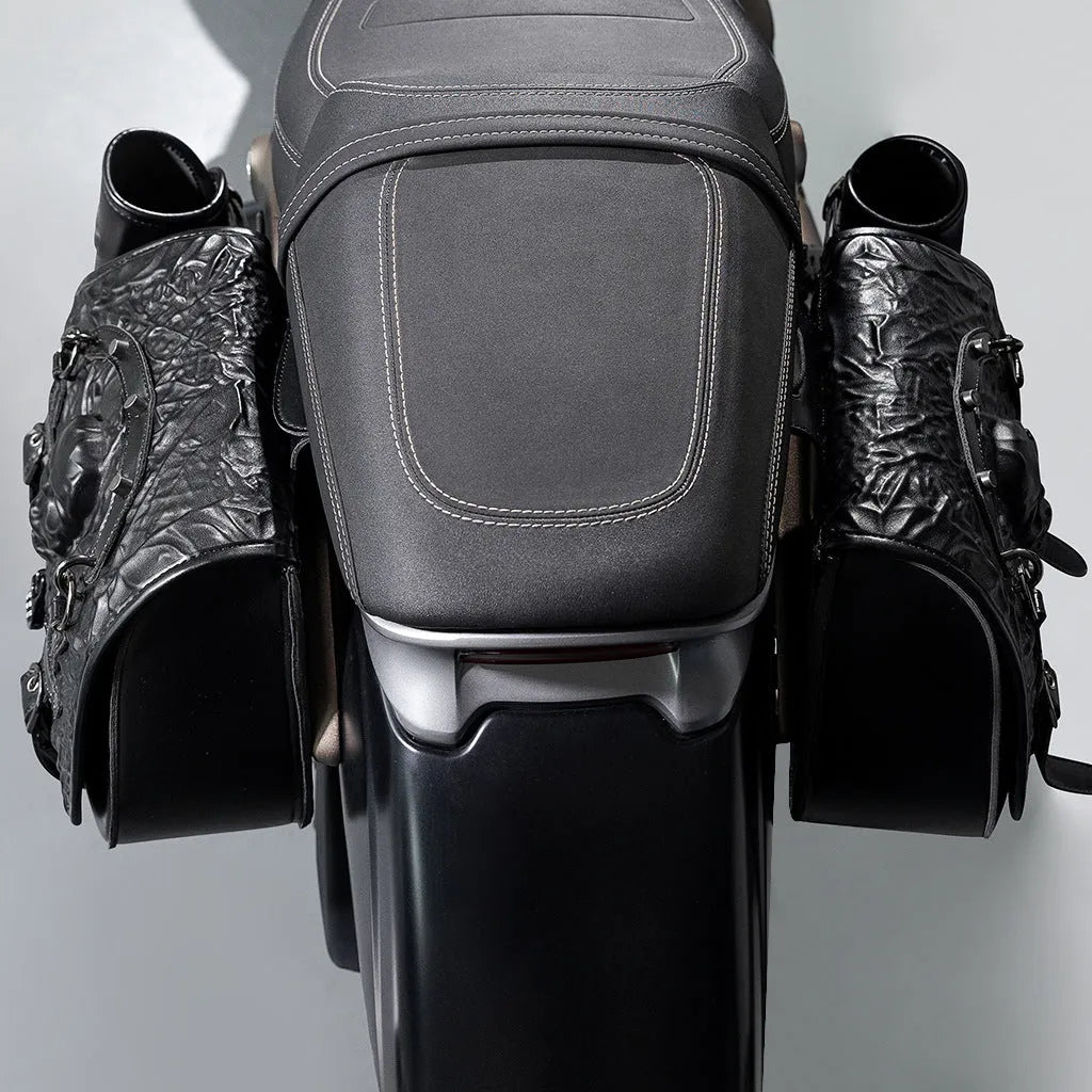 A pair of black PU motorcycle side luggage bags with model number FBG404BK for bike modification.