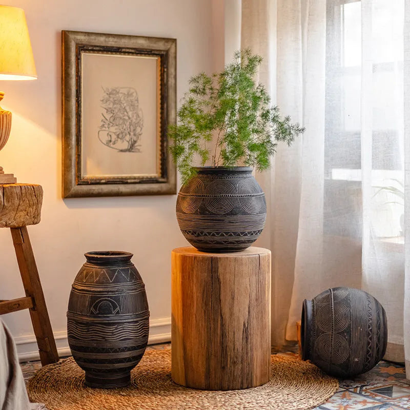 Medium cement African art decorative flower pot with ethnic design and drainage holes