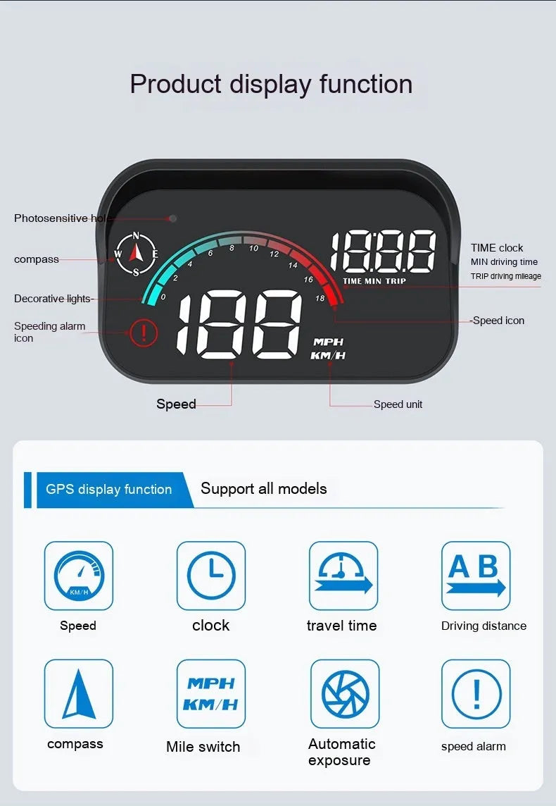 Black universal car head-up display HUD projector unit for speed and compass projection.