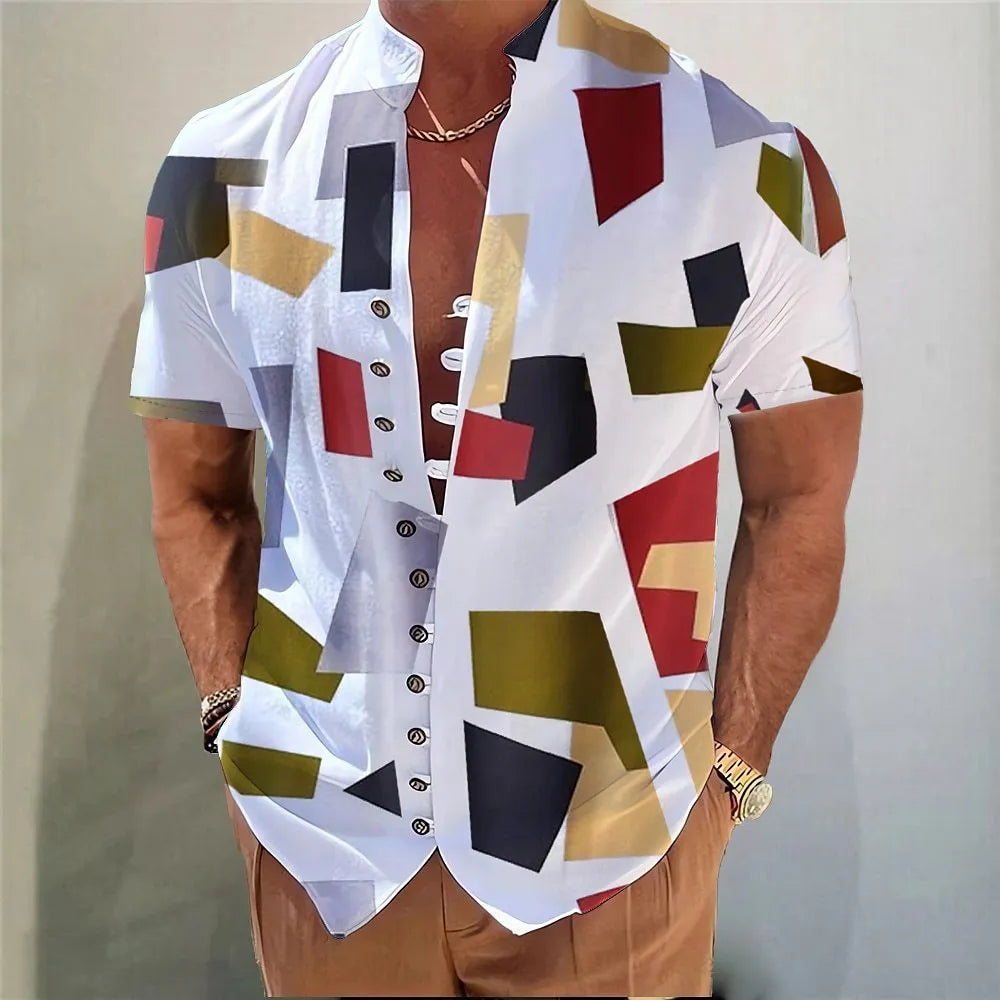 Youth wearing a short sleeve geometric floral print shirt in a cardigan style, available in multiple colours and extended sizes.