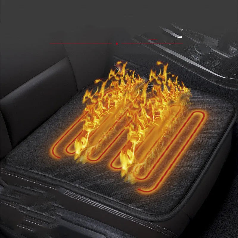 Car heating square cushion in black, approximately 45x45 cm, with USB cable and switch.