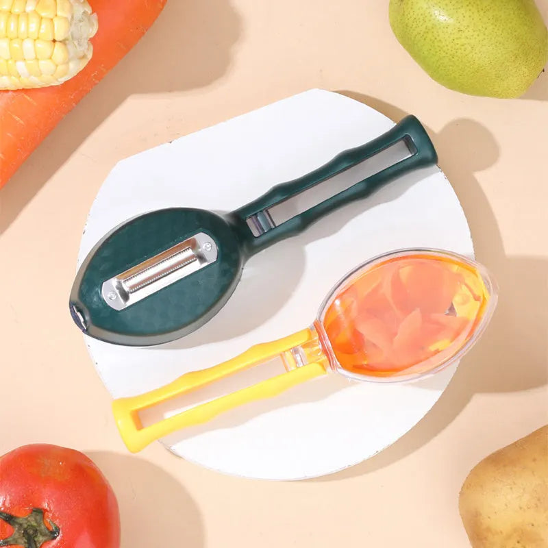 Yellow kitchen peeler knife with storage lid for fruit and potato peeling
