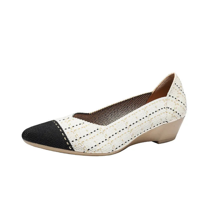 Women's wedge knit casual shoes in flyknit design with a mid heel, shown in multiple colour options.