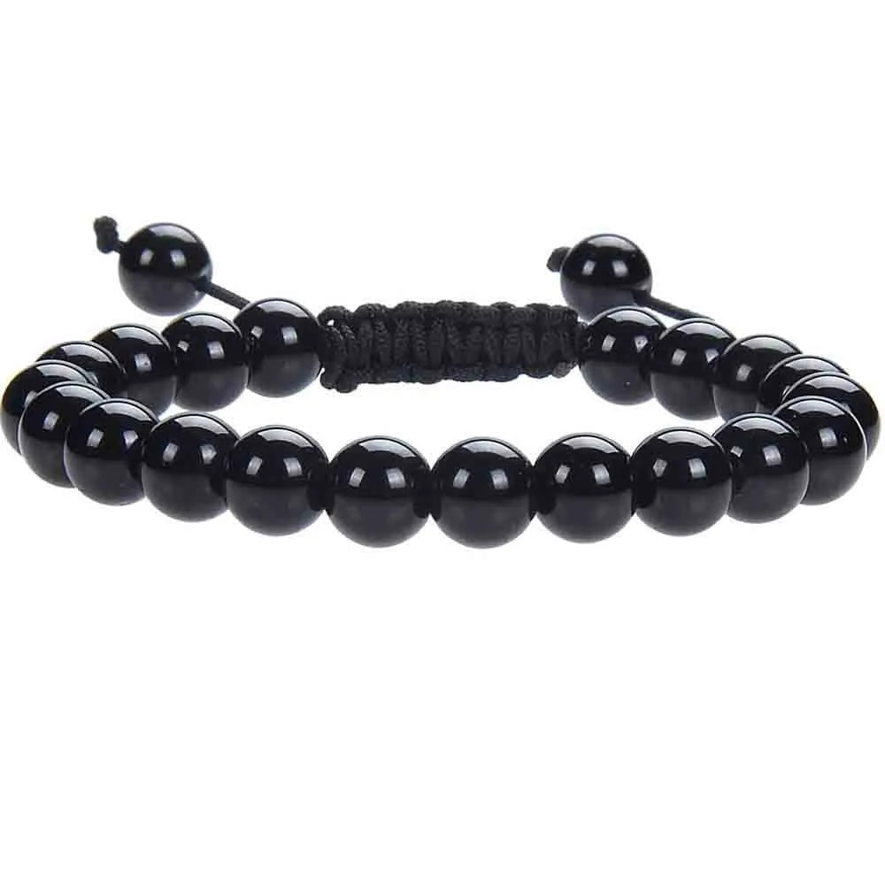 Women's flat knot braided healing bracelet with hand-woven aquamarine beads and geometric patterns