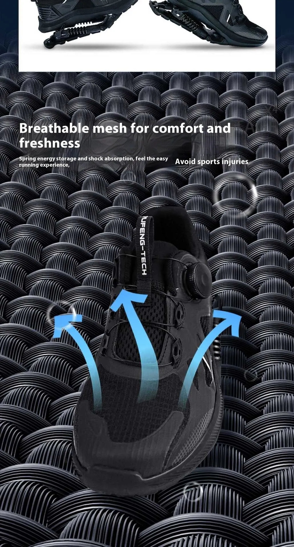 Black mesh mechanical running shoes with a buckle fastening and a mid-top design on an EVA rubber sole.