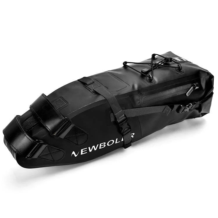 Yellow waterproof PVC bicycle tail bag mounted behind bike saddle, showing 13-litre capacity and quick-release bracket.