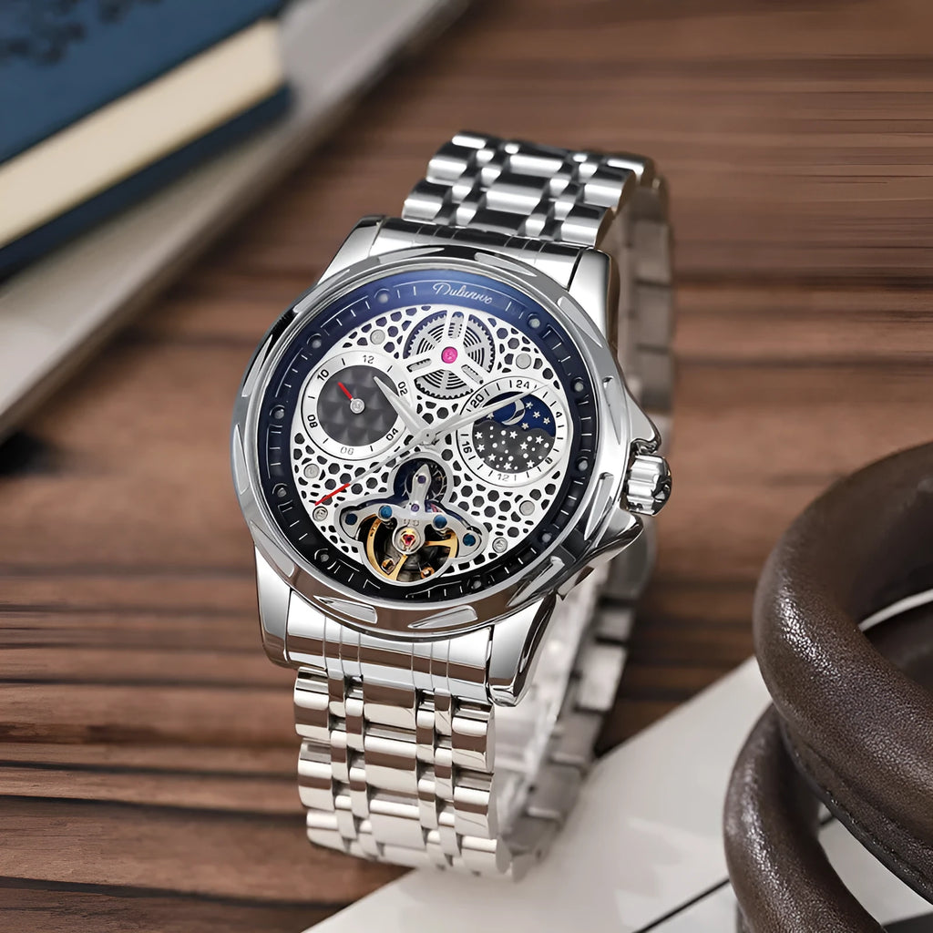 Men's automatic waterproof watch with luminous hands on a stainless steel bracelet.