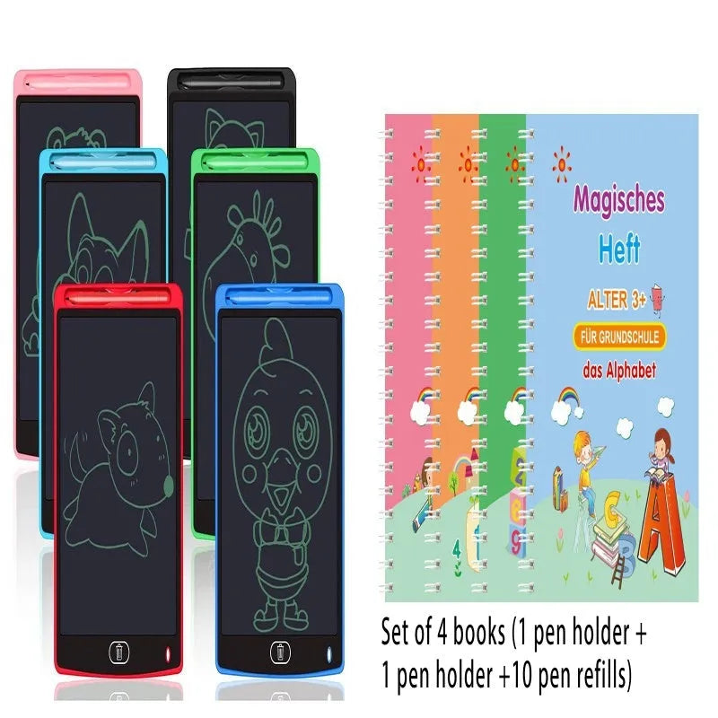 LCD writing board with stylus, 8.5 inch monochrome screen in black, includes pen holder and calligraphy sheets