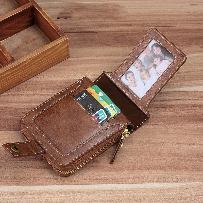 Men's short style two-fold bifold PU leather wallet in light brown, black, and dark brown colours
