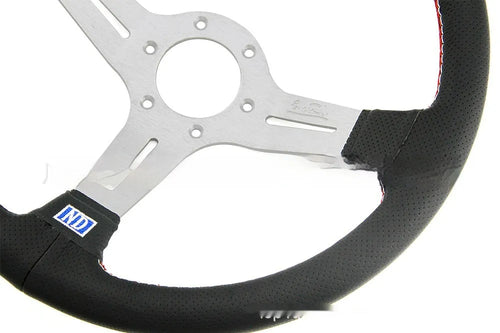 14-inch leather-wrapped steering wheel with a middle concave design, showing black and silver skeleton frame options.