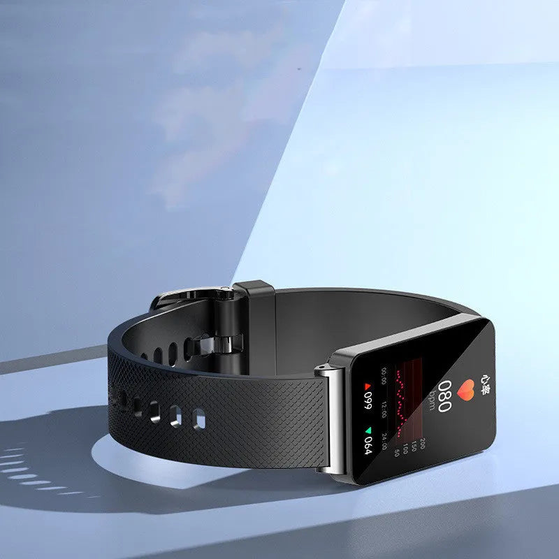 Blood Glucose EP08 Smart Bracelet in black on wrist showing touch screen display