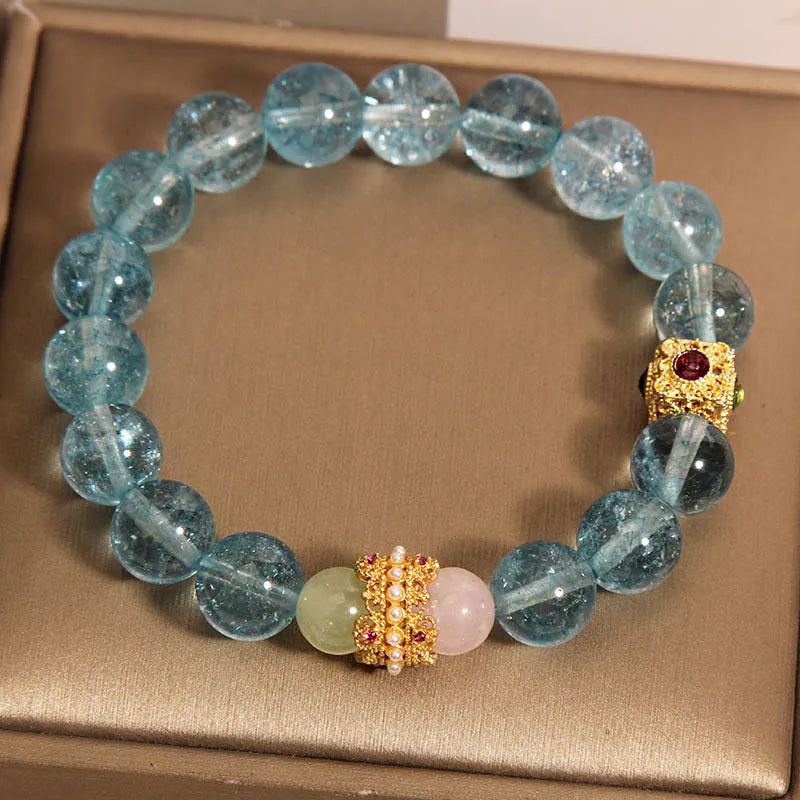 Blue cubic sugar crystal bracelet with Chinese style design and flexible ring