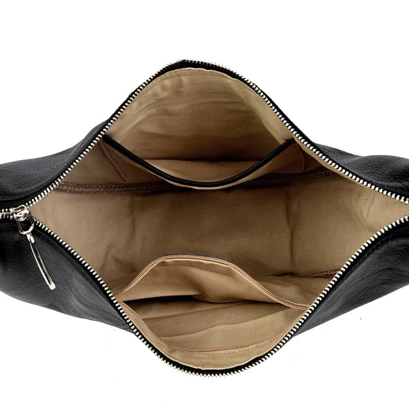 Genuine leather large capacity shoulder messenger bag for men, black, first layer cowhide, sandwich pocket, dumpling shape 26x11x20 cm