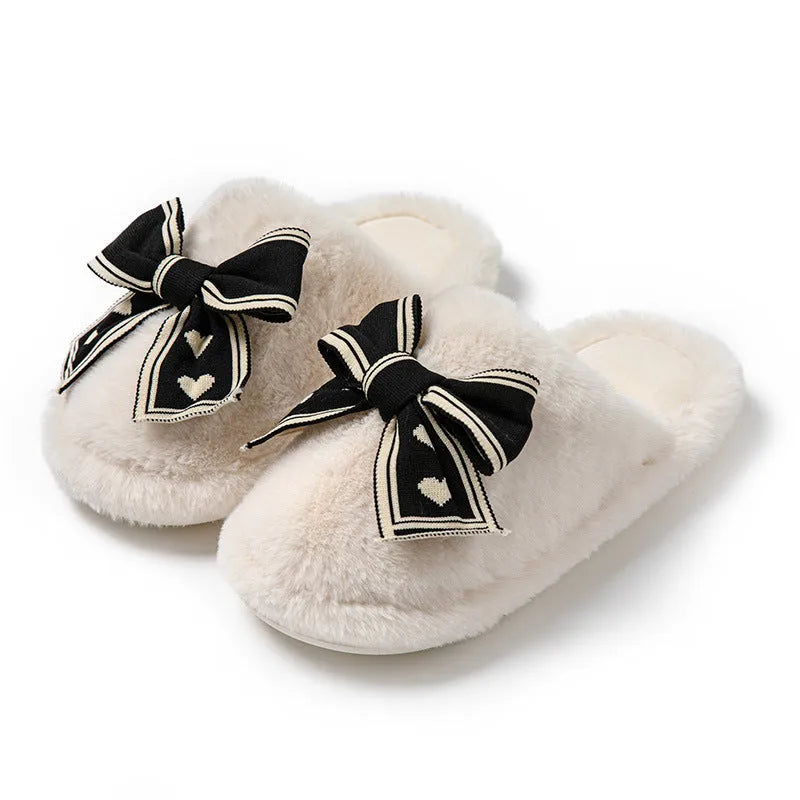 Bowknot cotton slippers home plush slippers for women adult warm indoor footwear black brown pink white width