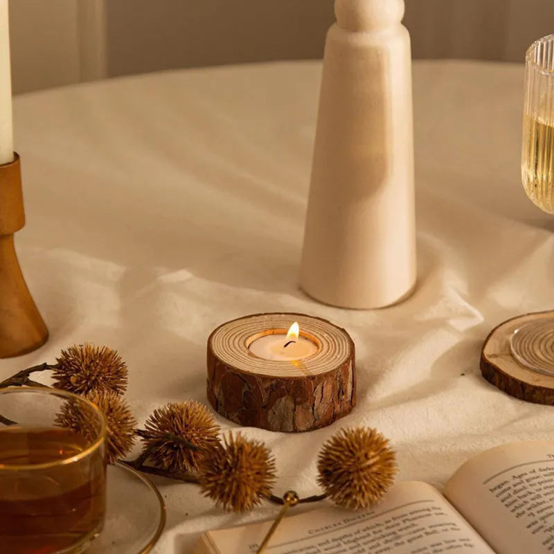Simple modern pastoral wood candle holder with 4 candles on a table for holiday decoration