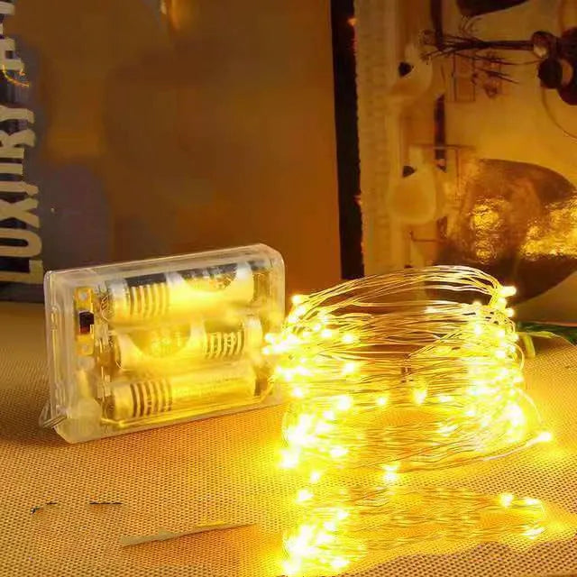 Flexible copper wire LED string light coiled on a table, showing small bulbs and a dual-power control box.