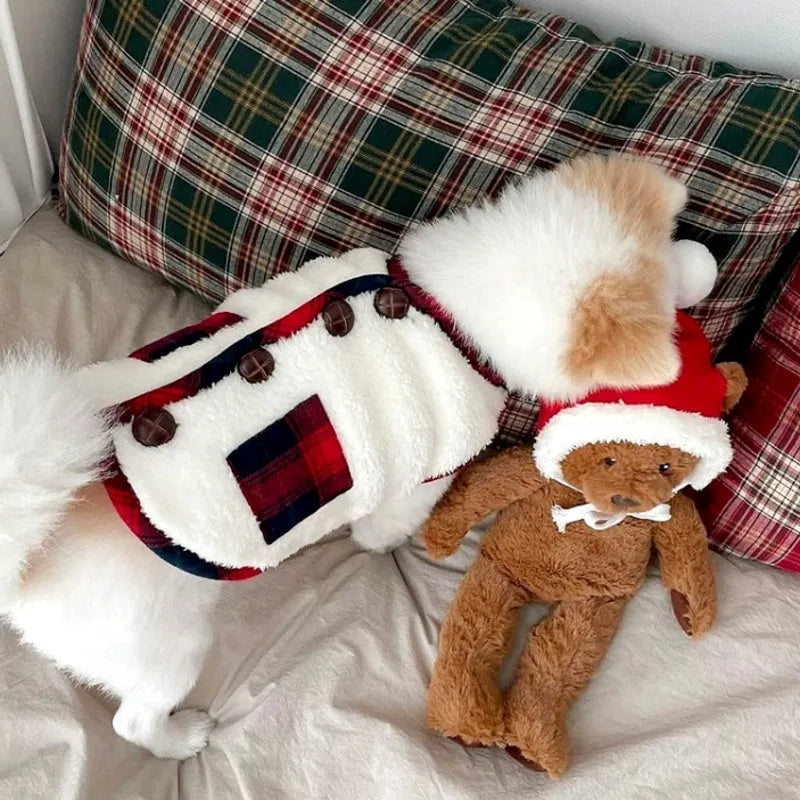 Navy blue pet fleece jacket with checkered pattern, Sherpa lining, decorative buttons, and snowman accent on a small dog