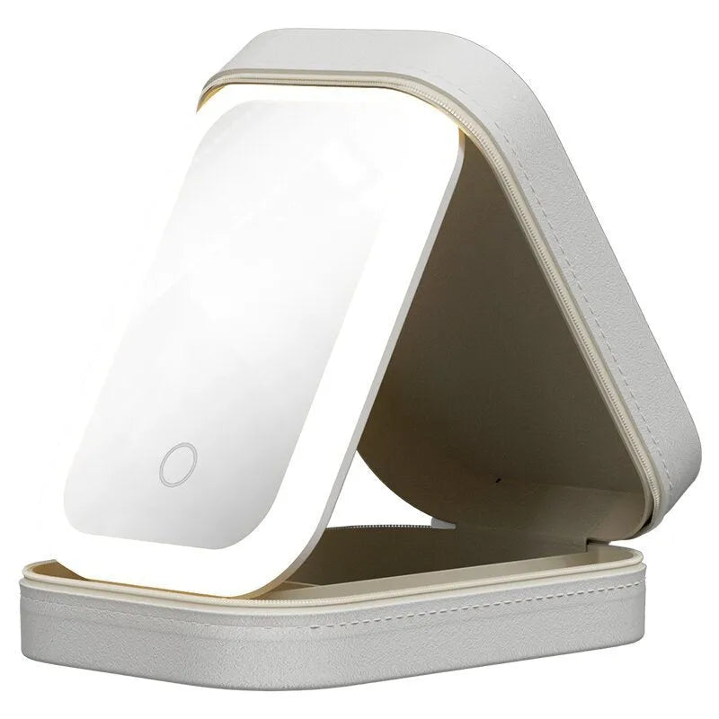 Portable makeup storage box with LED light mirror in cherry blossom pink, showing touch control and storage compartment.