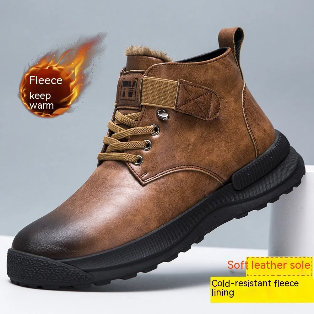 Men's black high-top platform Martin boots with velvet uppers and rubber soles
