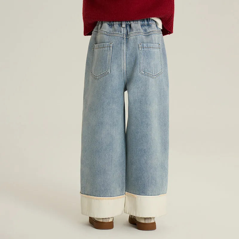 Boys and girls cotton casual straight blue jeans, suitable for heights 90cm to 160cm