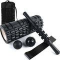 Black 33cm fitness foam roller and massage stick set on a grey background.