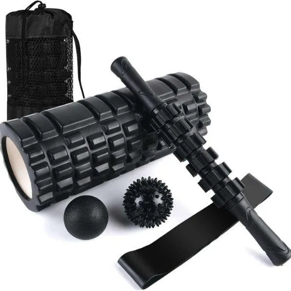 Black 33cm fitness foam roller and massage stick set on a grey background.