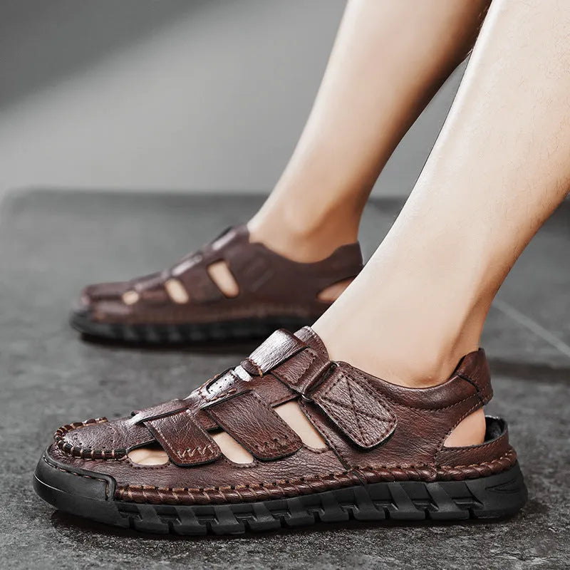 Men's brown PU leather non-slip sandals with round toe and EVA sole on a neutral background