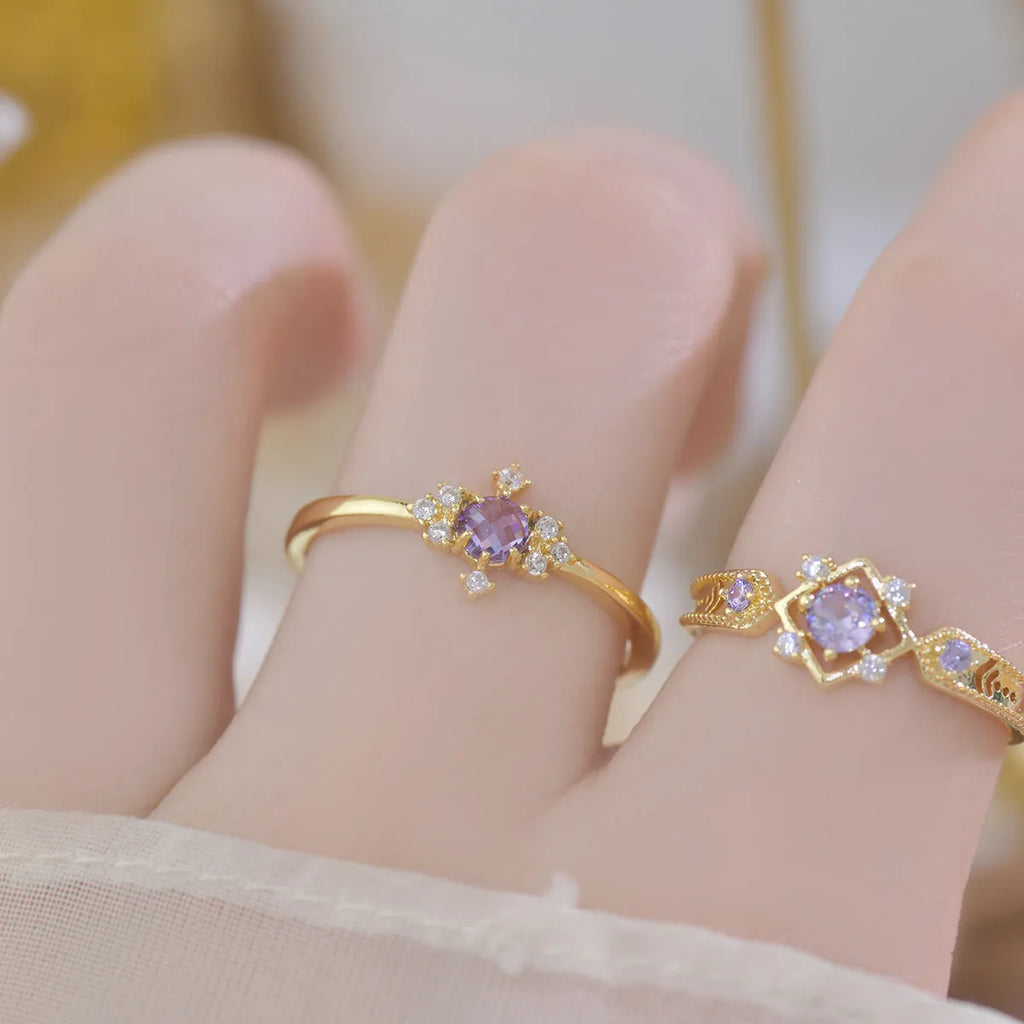 French style geometric open mouth ring with purple zircon stones on copper band
