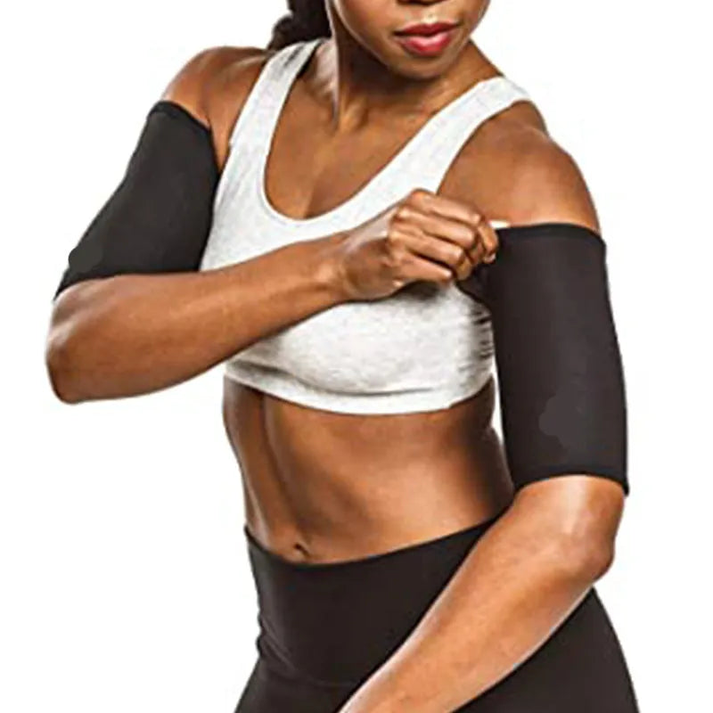 Adjustable neoprene sports armband with buckle, shown in blue, secured on an arm during exercise.